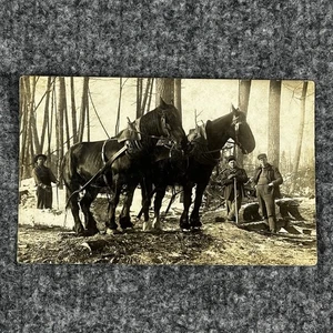 Vintage Logging RPPC Horses Lumberjacks Winter Woods AZO Photo Postcard Boyne MI - Picture 1 of 7