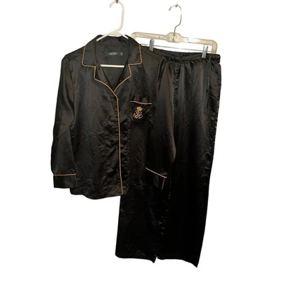 Lauren Ralph Lauren Black Satin Pajama Set Gold Trim Logo Size S - Image 1 of 4
