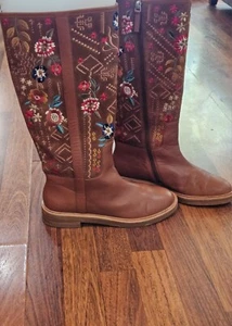 JOHNNY WAS Olivia Embroidered Knee High Leather Size 9 Boots - Picture 1 of 23