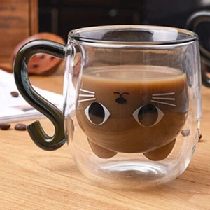 Süße Katze Doppelwand Isolierglas Kaffee Glas Becher Teetasse mit Griff 250-300ml - Bild 1 von 18