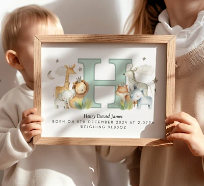 Nuevo regalo personalizado para bebé - Lindo estampado de decoración de guardería de safari - Regalo de bautizo Foto 1 de 4