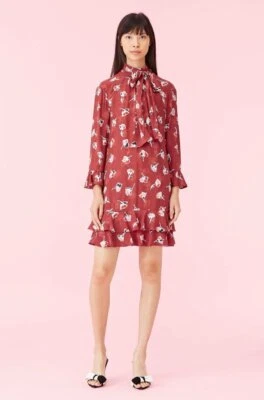 $395 Rebecca Taylor Ikat Paintbrush Ruffle Dress in Cabernet Combo 4 NWT R492 - Image 1 of 4