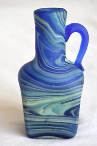 Vtg Blown Cobalt Blue 4" Mini/Miniature Bud Vase w. Multicolor Swirls & Handle - Picture 1 of 13