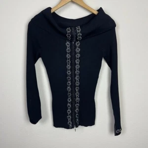 Cache Y2K Off Shoulder Knit Top M Beaded Embellished Whimsigoth Full Zip - Picture 1 of 9