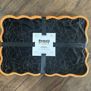 Set 4 Velvet Textured Black Orange Spiderweb Table Placemats Velvet 13x19 - Picture 1 of 3
