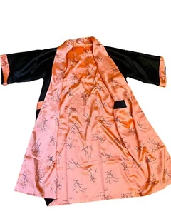 Made In Thailand Kimono Robe Lt Orange & Black Embroidered Dragon Reversing - Picture 1 of 4