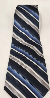 Pierre Cardin Mens Striped Tie 100% Silk Navy BlueLight Blue Greys Black - Image 1 of 4