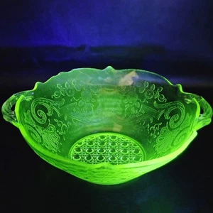 Vintage Lancaster Glass Green Depression Glass Debra Bowl w/Handles Glows - Picture 1 of 20