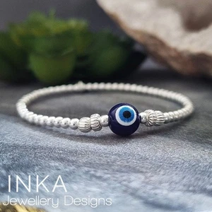 Sterling Silver Evil Eye Bead Bracelet 925 Stretch Beaded Stacker By INKA - Picture 1 of 9