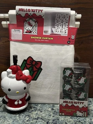 Juego de cortinas de ducha de Navidad Hello Kitty dispensador de jabón y ganchos para guirnalda nuevo con etiquetas baño Foto 1 de 4