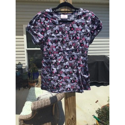 White Cross Womens Scrub Top M Medium Grey Nurse Medical Pink Ribbon Komen Vet - Image 1 of 4