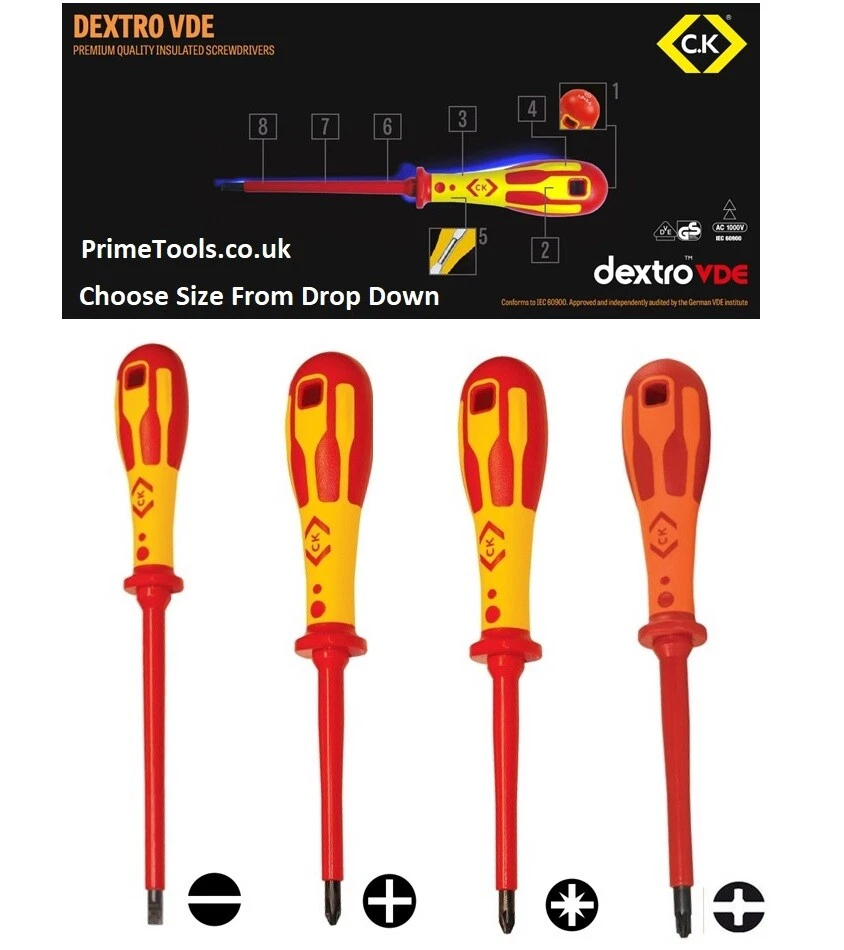 CK DEXTRO Insulated VDE Screwdrivers Choose From Pozi Phillips Slotted Modulo
