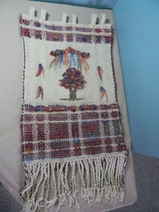 Handmade WALL HANGING multicolored raw wool, cotton w/ burlap backing & beads - Picture 1 of 7