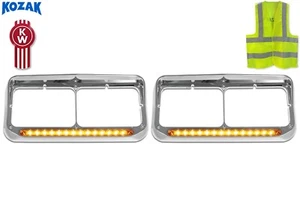 Truck 12'' Headlight Bezels w/Yellow LED Light Bar Kenworth T400 T600 T800 W900 - Bild 1 von 9