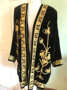 Vtg HIPPIE Boho Afghan TURKISH  Black VELVET  Gold Trim Mirrored Festival Coat - Picture 1 of 12