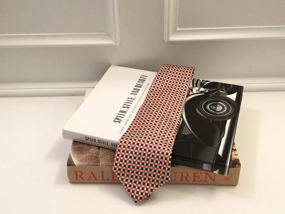 Polo Ralph Lauren 领带棕色带奶油色粉色几何方形 100% 真丝手工制作 — 第 1/4 张图片