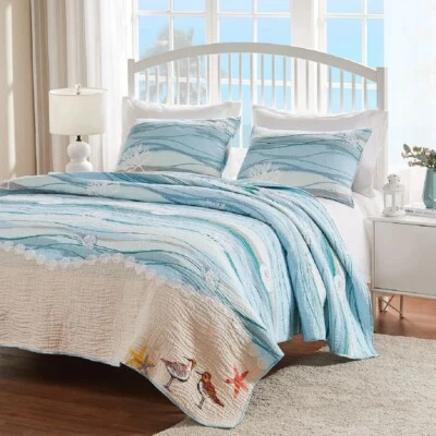 Coastal Quilt Set King Sham Blue Wave Sand Cotton Reversible 3 Piece Bedding - Image 1 of 4