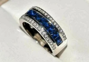 2Ct Princess Cut Lab Created Blue Sapphire Men's Band Ring 14k White Gold Plated - Picture 1 of 5