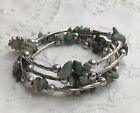 Green agate chip and silver tone bead wrap bracelet