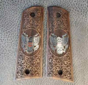 Colt 1911 Pistol Grips Set Full Size Engraved Walnut Wood Nice metal Silver logo - Picture 1 of 14