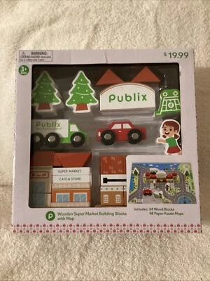 Wooden Publix Supermarket 24 Building Blocks W/ Paper Puzzle Map Rare - Image 1 of 4