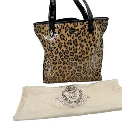 Ralph Lauren Tote Leopard Animal Print Patent Shiny Coated Mob Wife + Dust Bag - Image 1 of 4