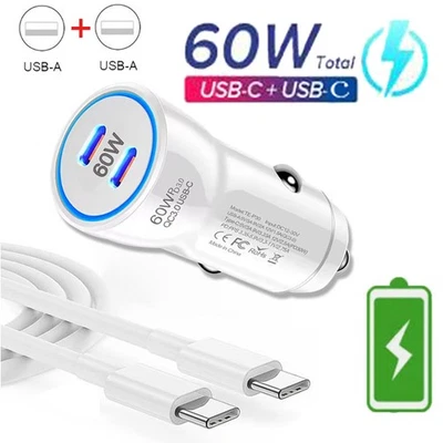 60W Double Type-C Fast Charging Car Charger For Motorola Moto G Stylus/Power2025 - Image 1 of 4