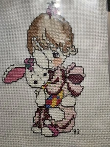 Cross Stitch Precious Moments Completed Panel 8" x 5" Handmade Bunny & Girl - Picture 1 of 6