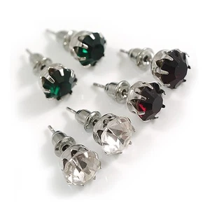 8mm Set Of 3 Round Jewelled Stud Earrings In Silver Tone Dark Purple/ Green/ - Picture 1 of 5
