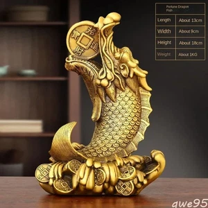 Feng Shui Copper Inviting Wealth Brass Dragon Head Fish Ornament Home Decor - Picture 1 of 3