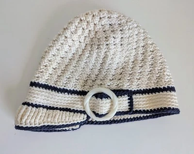 Gorra tejida vintage Banana Republic blanca y azul estilo años 20 100 % algodón talla única Foto 1 de 4