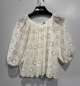 MADEWELL besticktes gerafftes Puffärmel Top XL Blumen Ösen elfenbein Boho Bauer - Bild 1 von 13