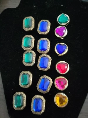 Vintage Fancy Lot Of 16 Jeweled Clothing Button Covers Rhinestones Multicolor  - Image 1 of 3