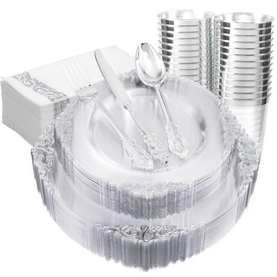 175 PIEZAS Placas de Plástico Plateado Transparente -Incluye 50 Platos, 25 Tazas, 25 Horquillas, 25... Foto 1 de 4