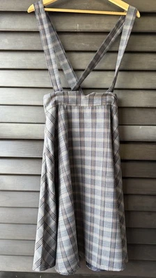 Modcloth Plaid Preppy Skirt with Suspenders Grey Brown Pockets Size 8 - Image 1 of 4