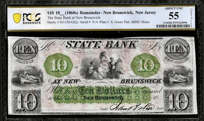 1860’s New Jersey State Bank New Brunswick $10 Obsolete Banknote PCGS AU55 Det. - Image 1 of 2