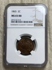 1865-P Two Cent Piece 2C NGC MS65RB Gorgeous Type Coin Still Plenty Red - Picture 1 of 8