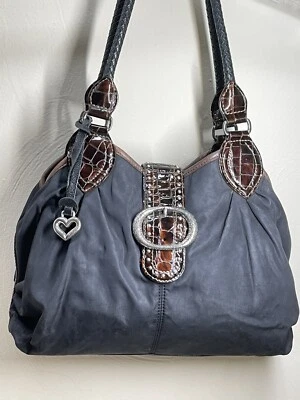 Bolso de Hombro Brighton Negro/Marrón Serpiente En Relieve Cuero Duradero Texto Suave Foto 1 de 4