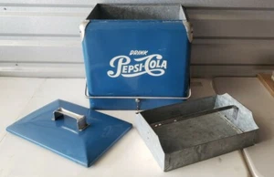 Vintage PEPSI COLA ORIGINAL blau Picknick Kühler Eiskasse mit Tablett - Bild 1 von 12