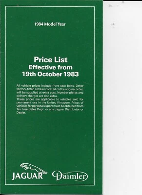 JAGUAR DAIMLER Price List for the 1984 model year - dated October 1983 - MINT - Image 1 of 3