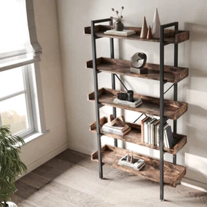 5 Tiers Wooden Rustic Industrial Bookshelf Storage Shelving Unit Free Standing - Picture 1 of 17