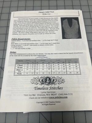 Timeless Stitches 19th Century, "Shawl Collar Vest", #TSM-732, Pattern, Cut - Image 1 of 4