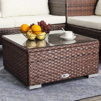 Outdoor Coffee Table Wicker Patio Side Table with Glass Top, 25.2in Mixed Brown - Image 1 of 4