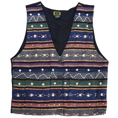 Chaleco Tejido AJ Vintage Años 90 Bordado Perlas Punta Aguja Rayas Boho ALGODÓN Arte M Foto 1 de 4