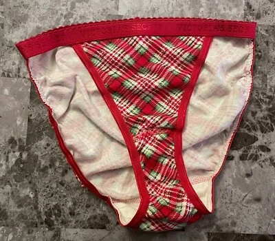VICTORIA'S SECRET XS RED PLAID 100% COTTON VINTAGE RARE STRING BIKINI PANTIES - Image 1 of 3