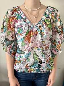 Be Beau~Gorgeous Floral & Butterfly Beaded Chiffon Blouse/Cover Up~Size 12~VGC - Picture 1 of 5