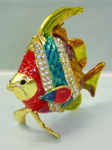 Lovely Tropical Fish Enamel on Metal & Crystals Opening Trinket Box 3 1/8" Tall - Picture 1 of 10