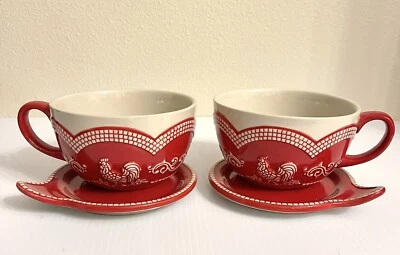 TEMP-TATIONS 2 件套 DOODLE DOO 红色 ROOSTER 22 盎司 SOUP MEAL MUGS 带盖其托盘 — 第 1/4 张图片