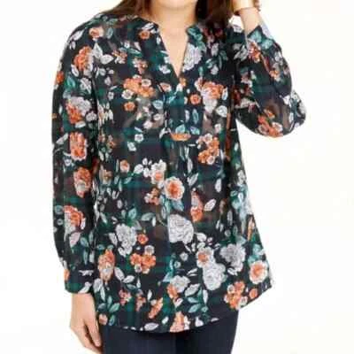 Tommy Hilfiger Silky Blouse XL Plaid Floral Sheer Long Sleeve Career NWT - Image 1 of 4