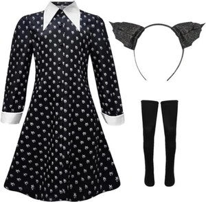 Girls Black Dress up Costume Halloween Cosplay Party Long Sleeve Dress with S... - Picture 1 of 6